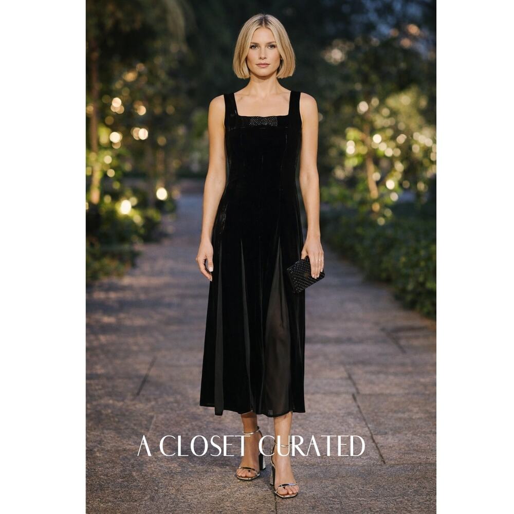 HVN Viv Pleated Chiffon and Velvet Maxi Dress 2 Black NWT